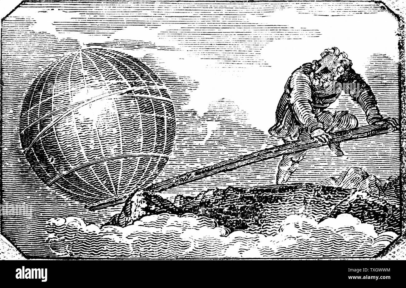 Archimedes (c287-212 BC) Ancient Greek mathematician and inventor reputed to have said 'Give me a lever and I will move the Earth' 1824 Woodcut  of Archimedes putting saying into action from title page of 'The Mechanic's Magazine' London Stock Photo