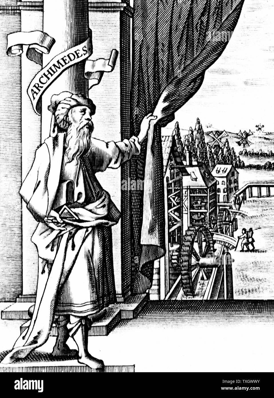 Archimedes (c287-212 BC) Ancient Greek mathematician and inventor Archimedes drawing back curtain to reveal various mechanical devices such as waterwheels and windmills and the machinery inside them 1661 From title page of Georg Andreas Bockler 'Theatrum Machinarum Novum' Nuremberg Stock Photo