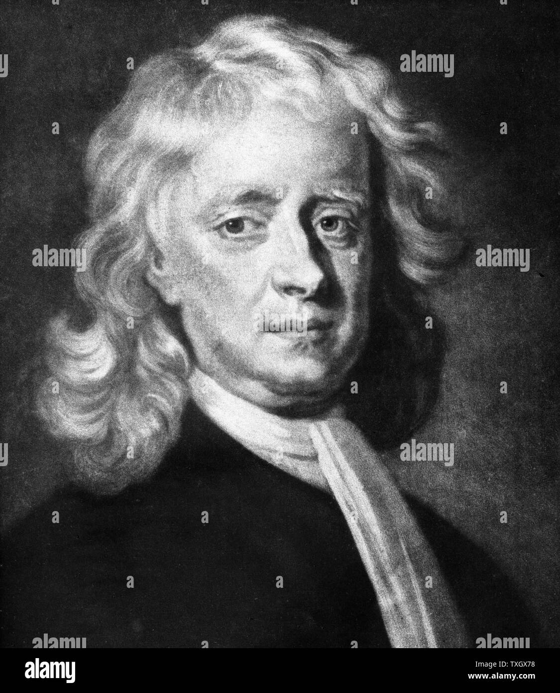 Isaac Newton (1642-1727) English mathematician, astronomer and physicist. Differential calculus: gravitation: wave nature of light: reflecting telescope Mezzotint Stock Photo