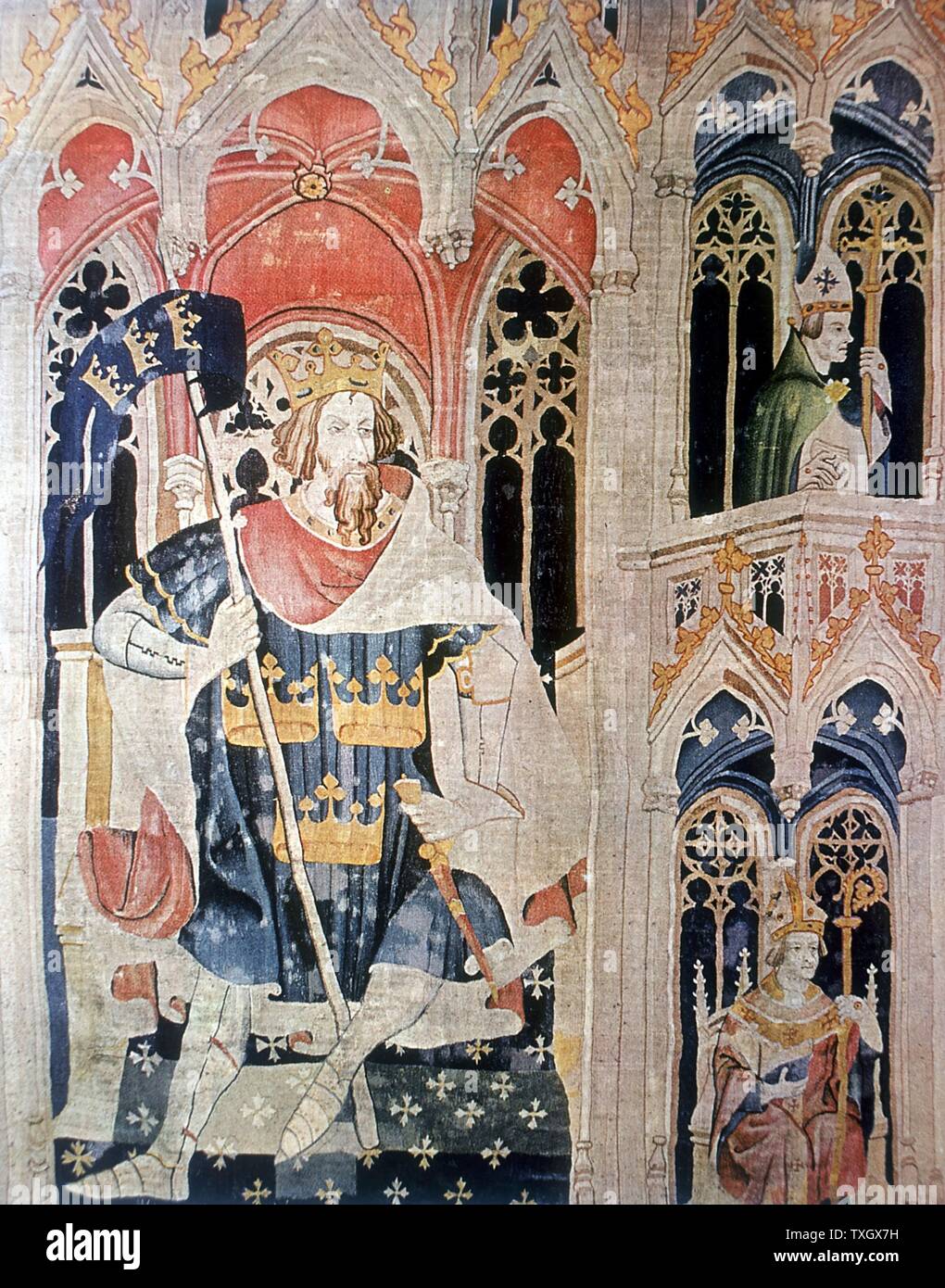 Arthur, 6th century semi-legendary Christian king of Britons. United Britons against Saxons whom he defeated c516 at battle of Badon Hill After late 14th century tapestry. Colour Stock Photo