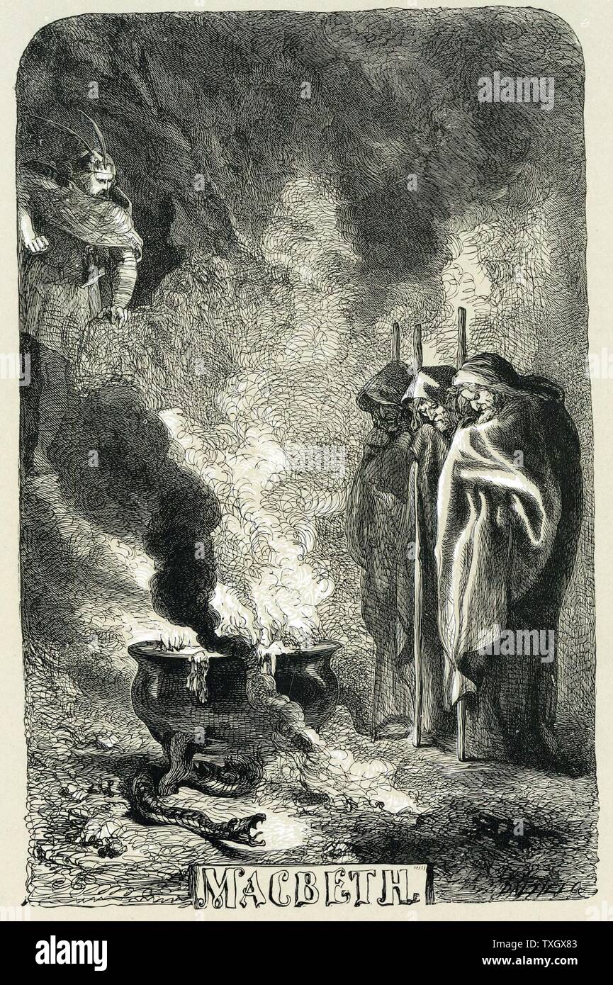 Macbeth visiting the Three Witches on the blasted heath Title page by Sir John Gilbert for 'Macbeth' in an edition of Shakespeare's works 1858 Wood engraving London Stock Photo