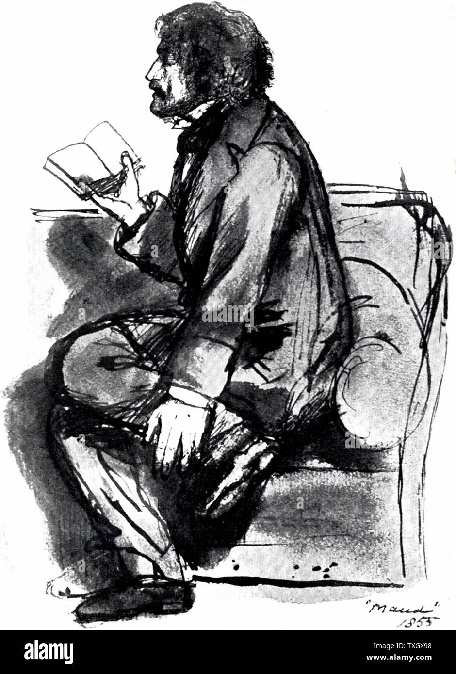 Alfred Tennyson, lst Baron Tennyson (1809-93) English poet Succeeded William Wordsworth as Poet Laureate 1850. Tennyson reading his poem 'Maud' After sketch by Dante Gabriel Rossetti 1855 Stock Photo