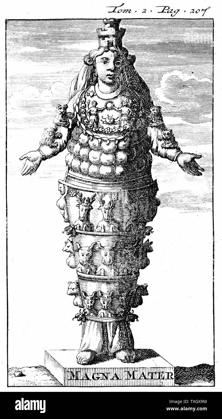 Cybele, the Great Mother: Wife of Saturn (Kronos) and mother of Jupiter and principal gods. Shown wearing her crown of towers. Phrygian goddess associated with fertility 1702 Copperplate engraving Stock Photo