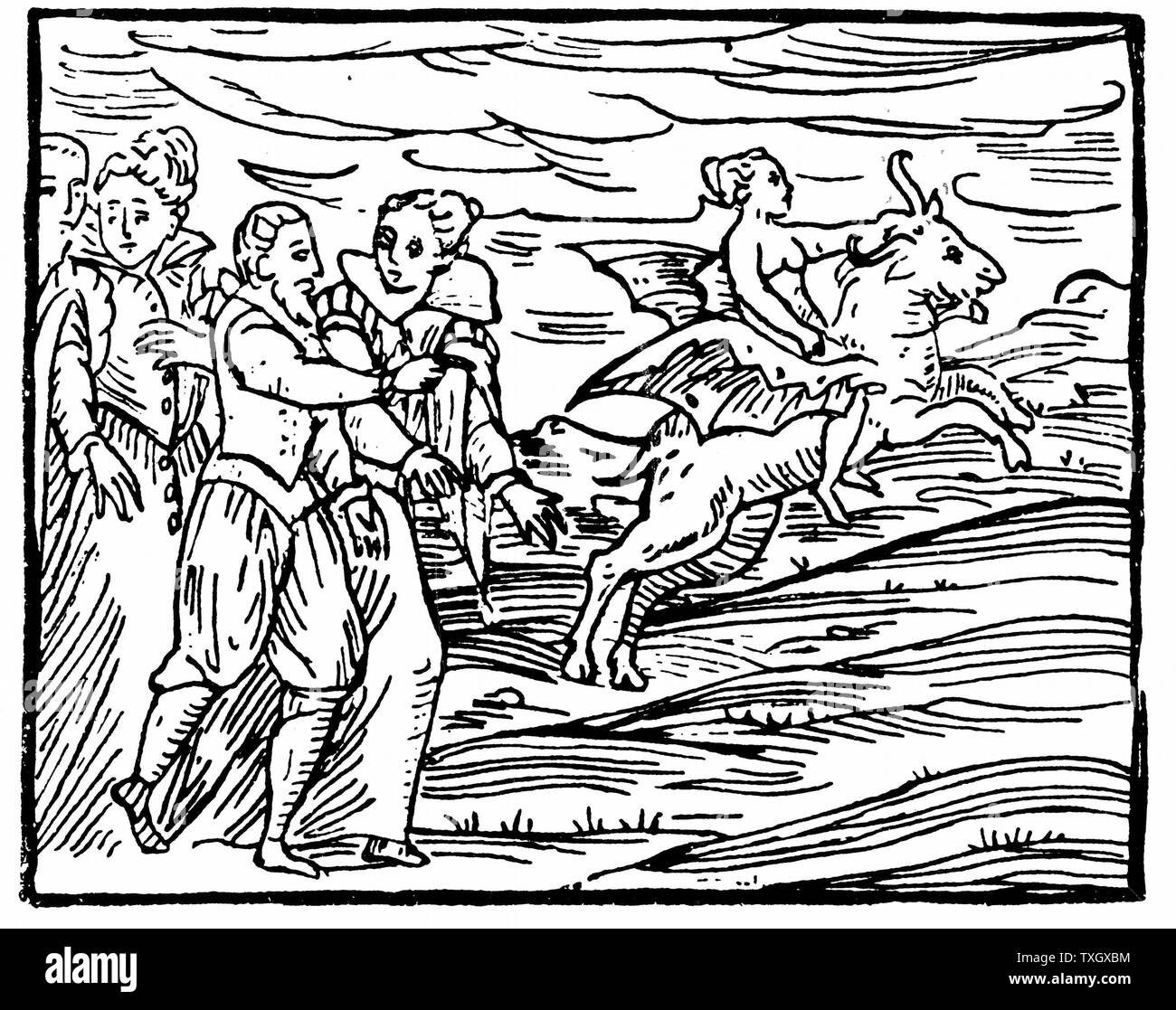 The Devil, in form of a flying goat, carrying a witch to the Sabbath From Francesco Maria Guazzo 'Compendium Maleficarum'  1608 Woodcut Milan Stock Photo