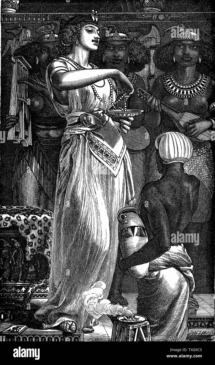 Cleopatra VII (69-30 BC) queen of Egypt, last of Ptolemaic dynasty, dissolving pearls in wine. Illustration by Frederick Augustus Sandys (1832-1904) for Algernon Charles Swinburne's (1837-1909) poem published in 'The Cornhill Magazine'  1866  London Stock Photo