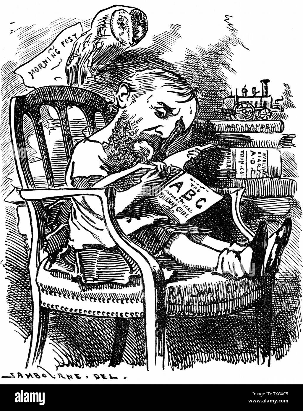 Evelyn Ashley (1836-1907) English author and Liberal politician; son of 7th Earl of Shaftesbury. Cartoon by Edward Linley Sambourne  in the Fancy Portraits series from 'Punch' when Ashley was under-secretary at the Board of Trade April 1881 London Stock Photo