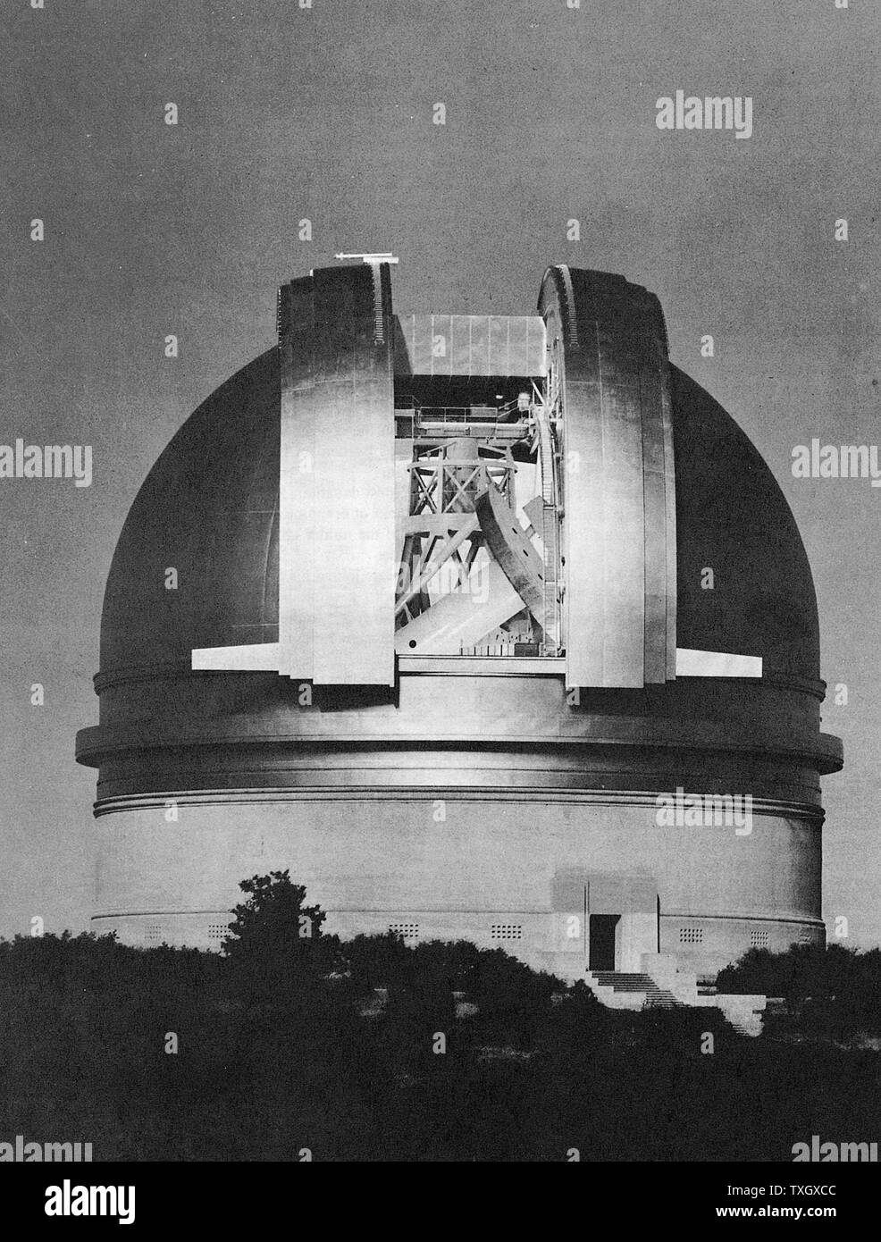 200 inch Hale telescope at Palomar Observatory shown at night Built