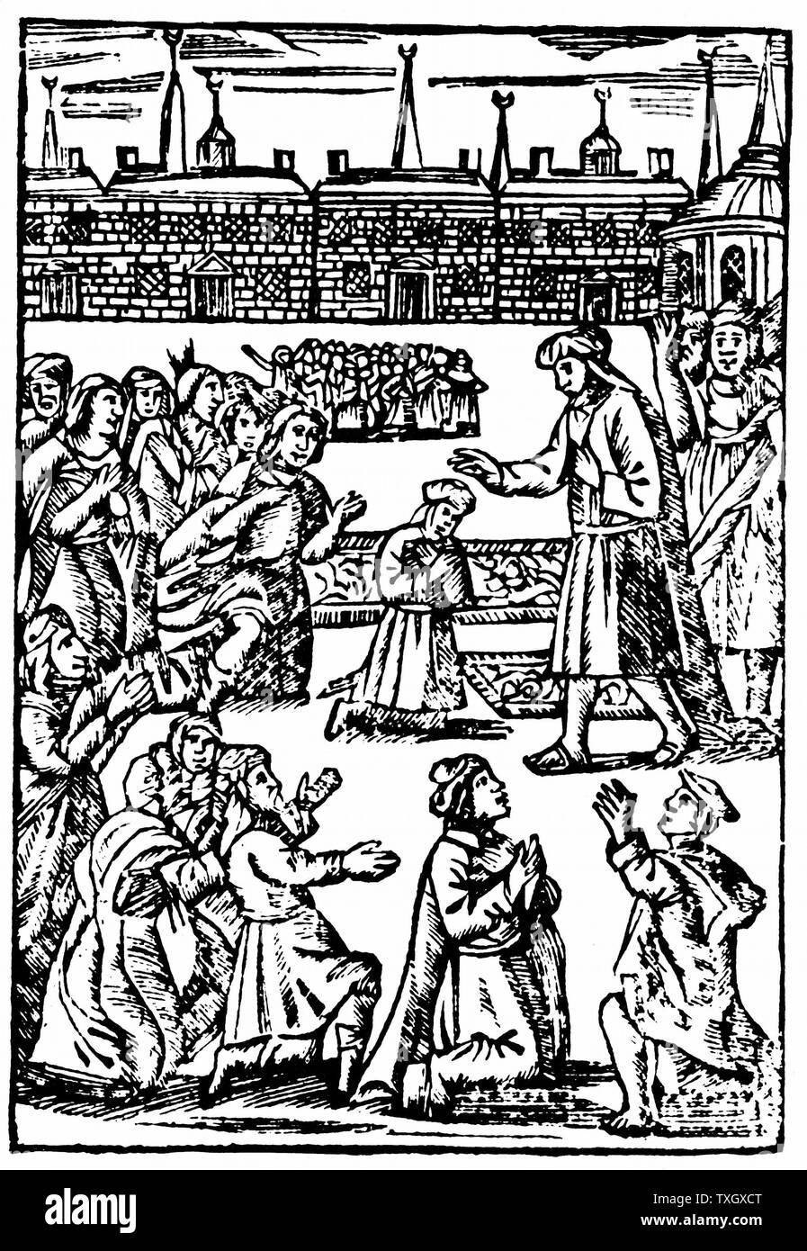 Shabbetai Zevi, Turkish-born Jew who claimed to be Messiah. Here blessing Jewish congregation at Smyrna c1665. From 'The Counterfeit Messiah or False Christ of the Jews' Woodcut Stock Photo