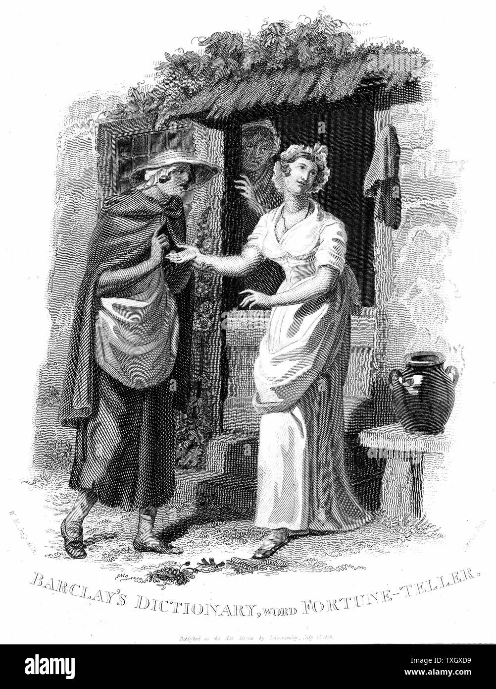 Chiromancy, Country girl having her hand read by an itinerant fortune teller who sees misfortunes ahead. Illustration by William Marshall Craig (c1765-c1834) Engraving Stock Photo