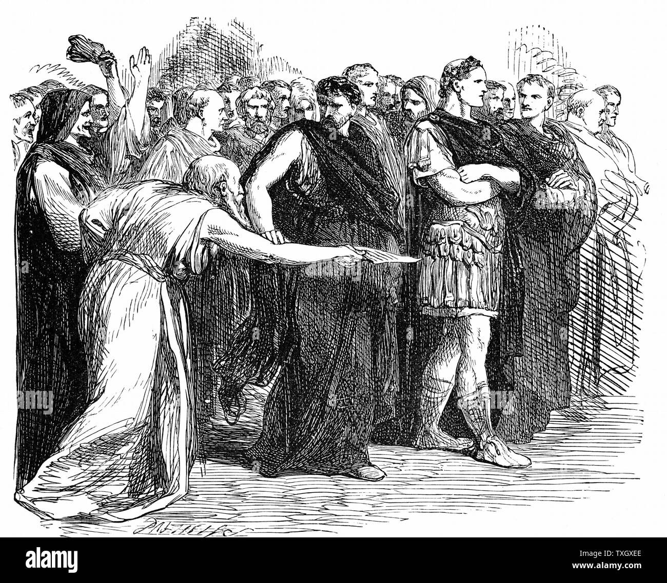Beware the Ides of March Soothsayer warning Julius Caesar of the Ides of March - the day on which he was assassinated.  Illustration for 'Julius Caesar' from an edition of Shakespeare's works 1858 Wood engraving Stock Photo