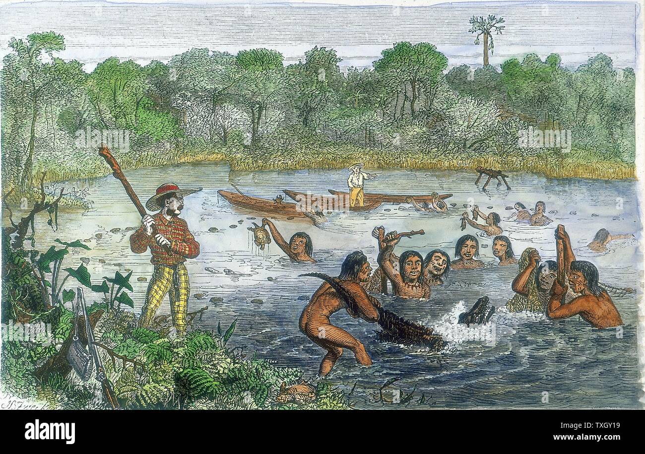 Henry Walter Bates (1825-92) English traveller and naturalist who, with Alfred Russell Wallace, explored the Amazon (1848-59). Bates, with native help, capturing an alligator on the River Amazon. Natives also presenting specimens of turtles Hand-coloured engraving. Stock Photo