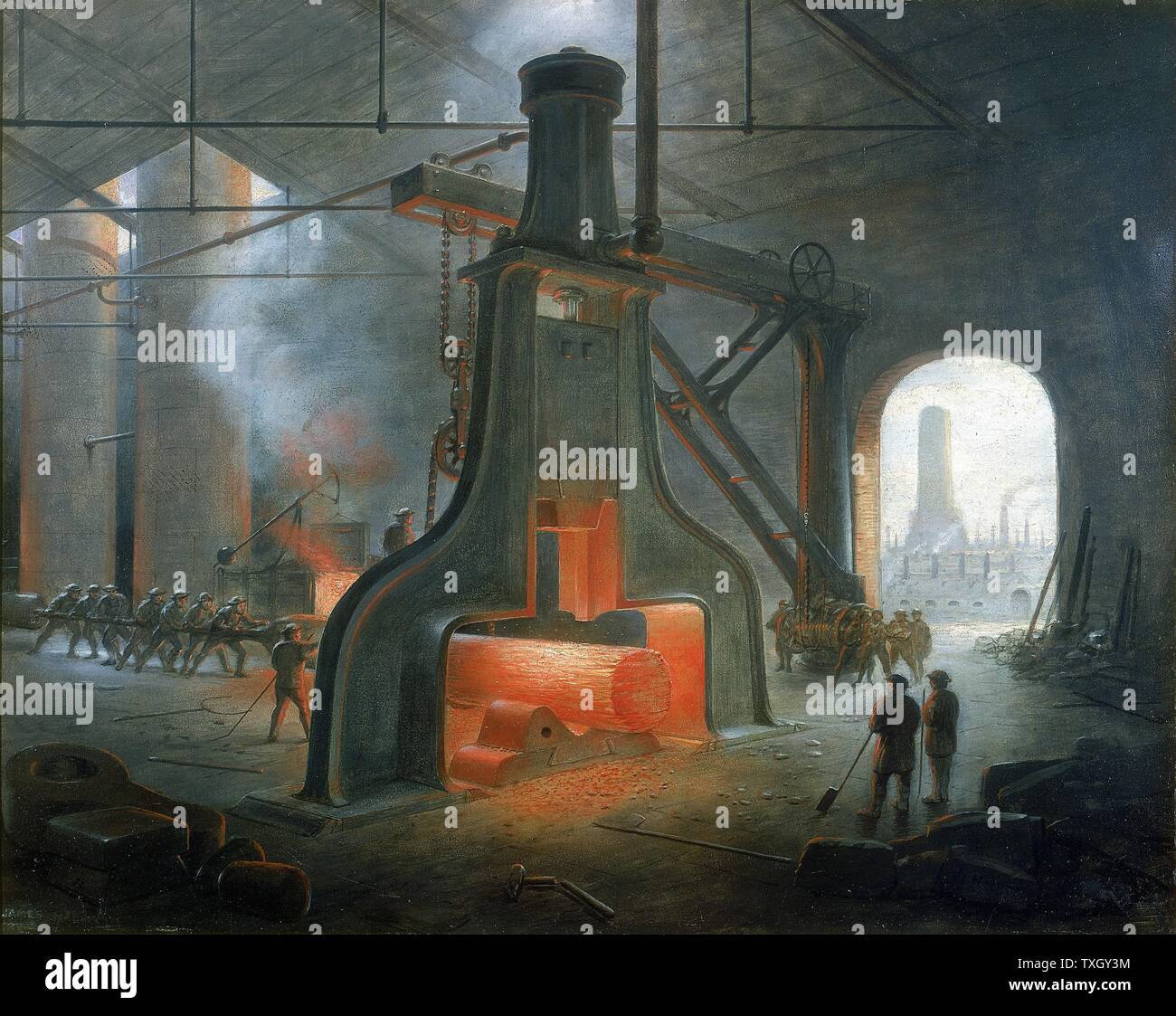 James Nasmyth's steam hammer erected in his foundry near Manchester in 1832 Painting by Nasmyth Stock Photo