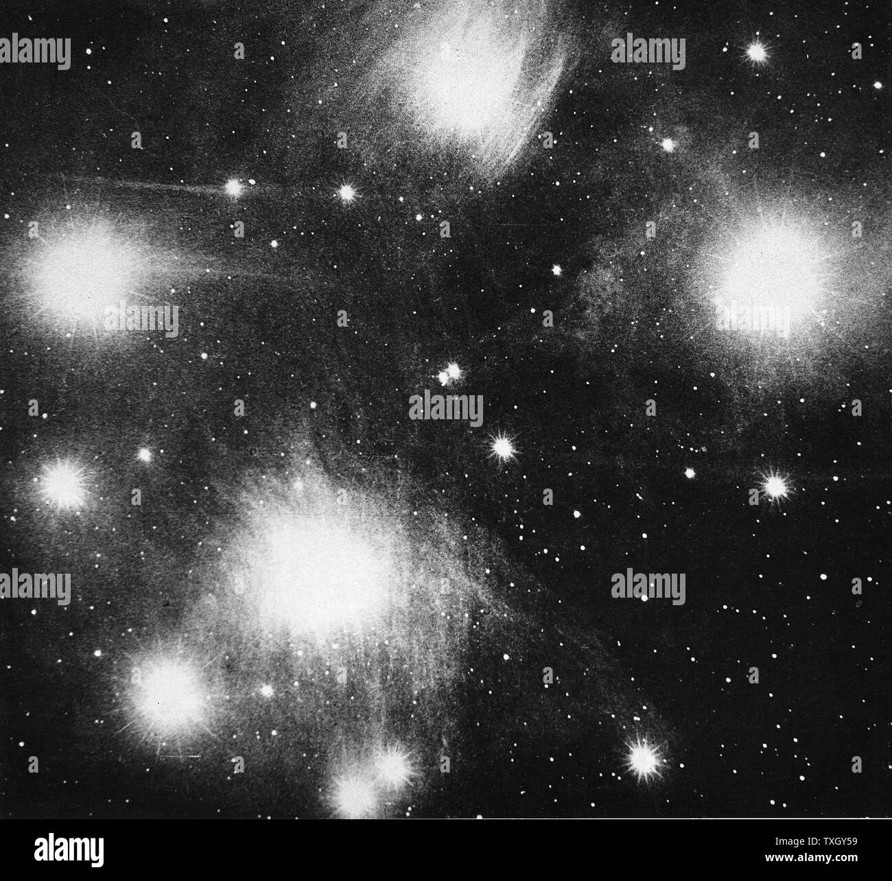 Constellation of Pleiades (Seven Sisters). photographed with the 36 inch Crossley reflector at the Lick Observatory. From 'The Publications of the Lick Observatory' Vol.VIII 1908  Sacramento Stock Photo