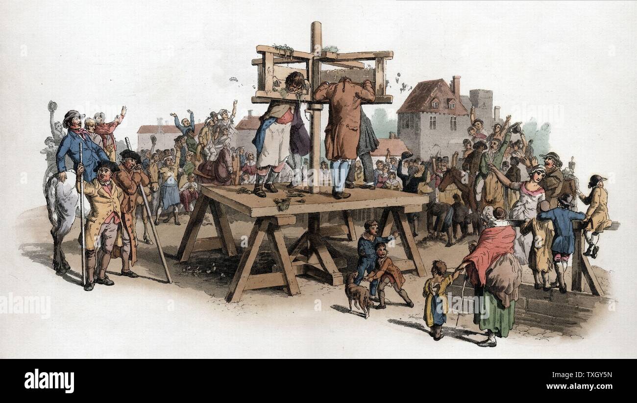 The Pillory. Four men being punished in the pillory jeered at by a crowd. By this date among crimes punishable by pillory were embezzlement of state property, perjury and swindling 1805 Aquatint from WH Pyne 'Costume of England' London Stock Photo