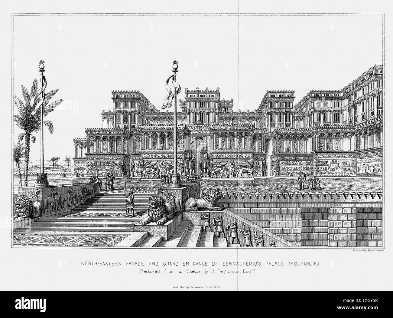 Reconstruction of the north-eastern façade of Sennacherib's (d681BC) palace (Kouyunijik) Assyrian. From Austen Layard 'Discoveries in the Ruins of Nineveh and Babylon', London,1853 Stock Photo