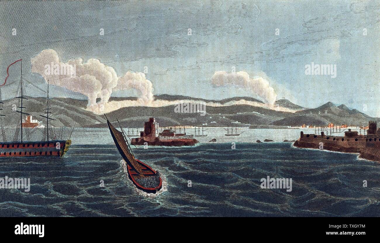 Napoleonic Wars, Peninsular Campaign, Battle of Corunna (La Coruna) Spain 16 January 1809 viewed from the sea. English under Sir John Moore defeated French. Moore mortally wounded Hand-coloured engraving Stock Photo