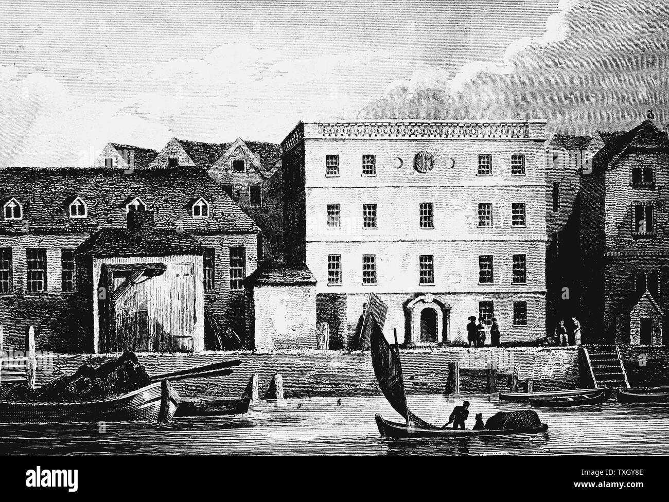 The Steel Yard in Thames Street, headquarters of the Hanse Merchants or Esterlings in London, England as it appeared in 1667. Hanseatic League of about 100 north  German towns and trading interests important in northern Europe from 13th century.  Less powerful from 15th century and last Diet (assembly) met 1669 Engraving Stock Photo
