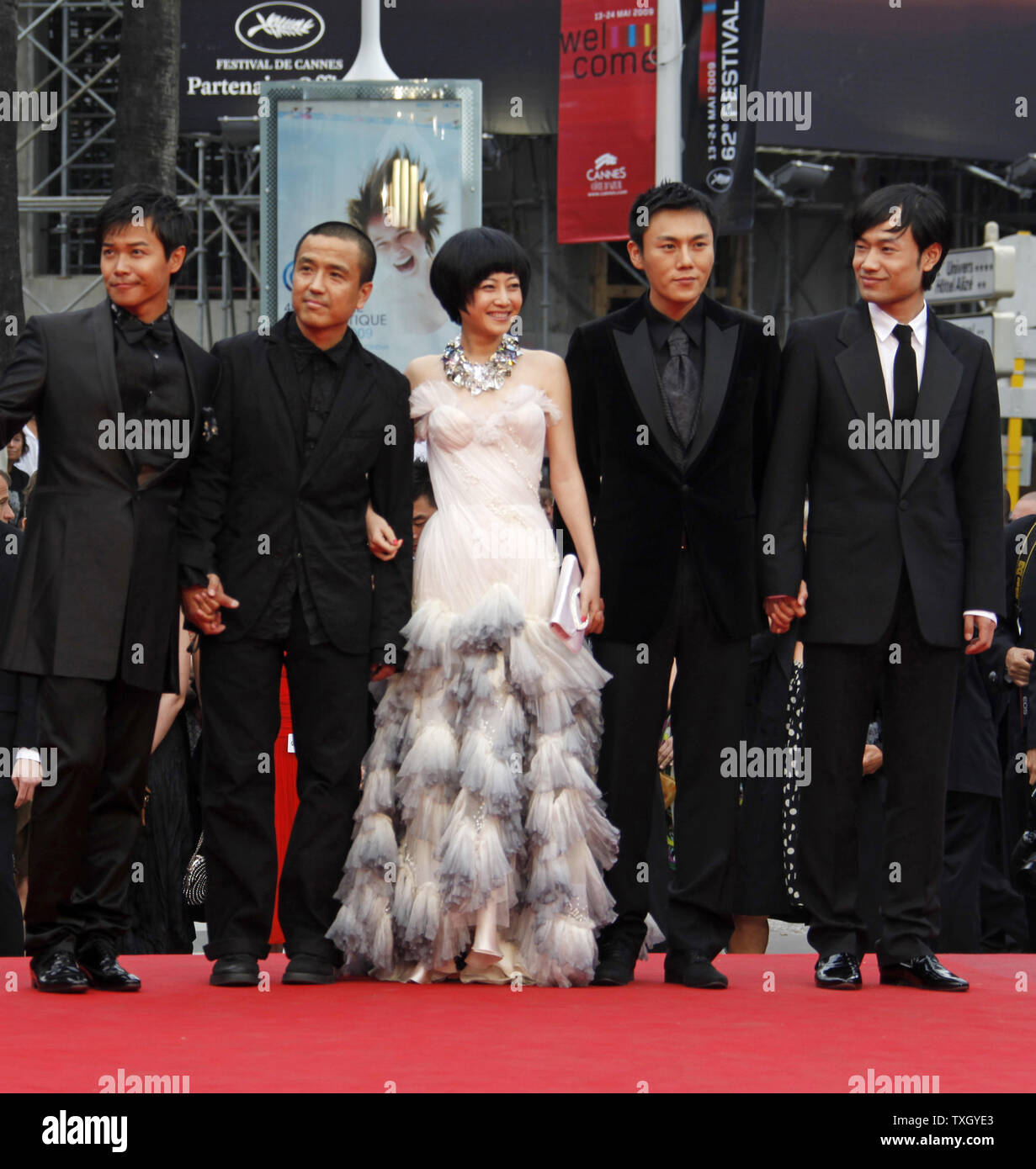 Actor Chen Sicheng, director Lou Ye, actress Tan Zhuo and actors Qin Hao and Wu Wei arrive on the red carpet before a screening of the Chinese film 'Spring Fever' at the 62nd annual Cannes Film Festival in Cannes, France on May 14, 2009.   (UPI Photo/David Silpa) Stock Photo
