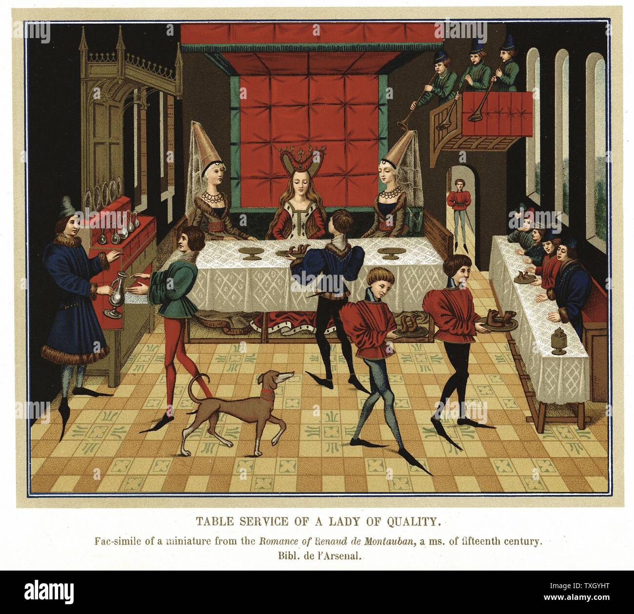 French noblewoman dining with members of her household, waited on by servants and Butler wearing tunic, hose, and long pointed shoes. Trumpeters play in musicians gallery. Floor laid with encaustic tiles. Chromolithograph after 15th century manuscript 'Romance de Renaud de Montauban' Stock Photo