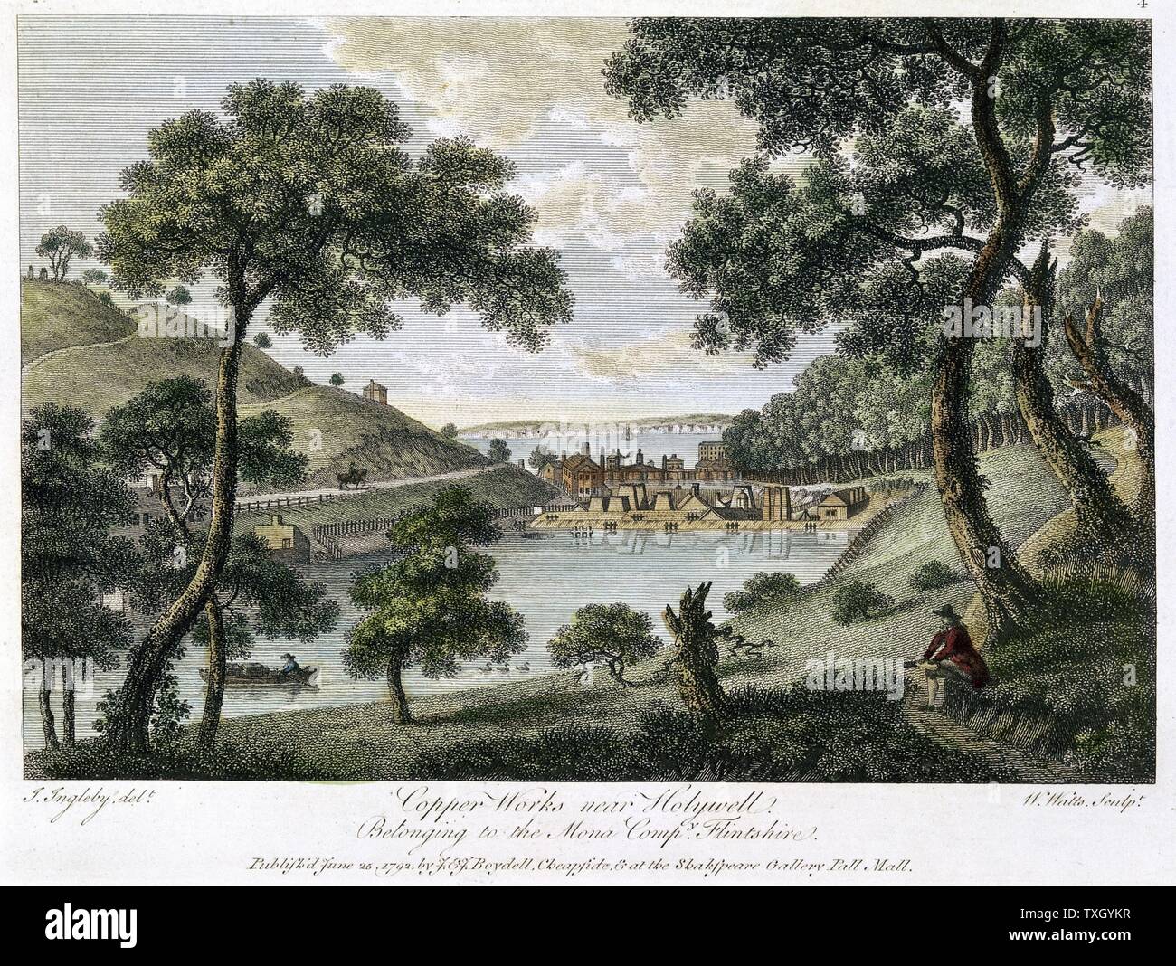 Copperworks near Holywell, Flintshire, Wales owned by the Mona Company, showing industrialisation in rural landscape. Copper was mined in Angelsey (Mona). Hand coloured engraving 1792 Stock Photo