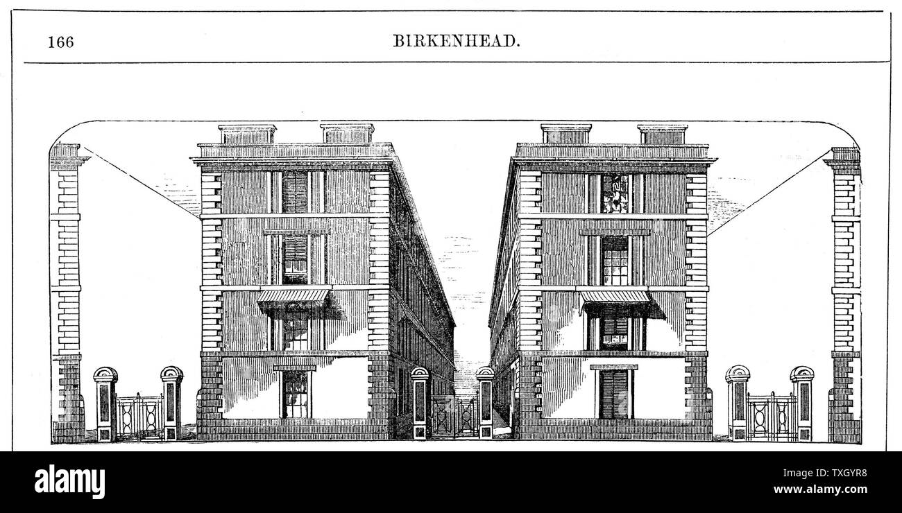 Low rental workmen's dwellings built by Birkenhead Dock Co. c1844: Architect CE Lang. Elevation showing block of 3 'houses' of 4 floors, each divided into 2 dwellings of living room, 2 bedrooms, washroom/scullery. Wood engraving c1860 Stock Photo