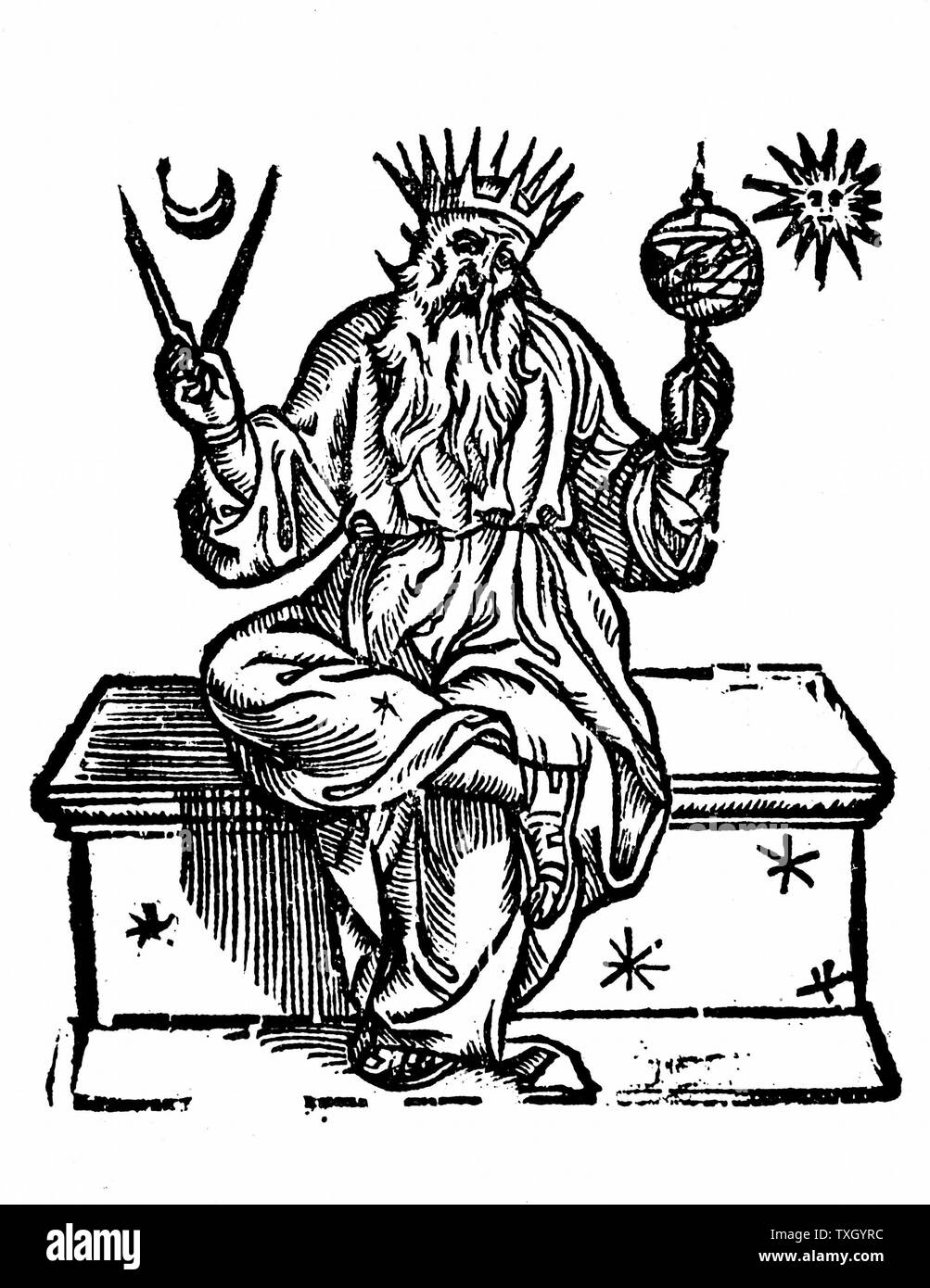 Woodcut portrait of Claudius Ptolemy (90-168AD) & Astronomia the