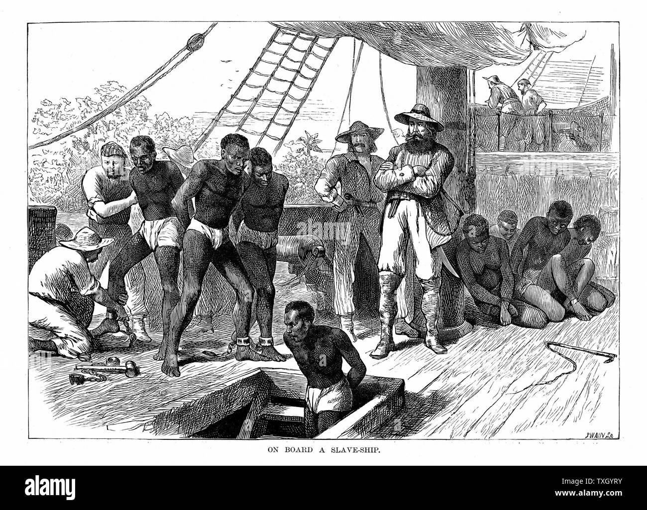 Captives being brought on board a slave ship on the West Coast of Africa (Slave Coast). Wood engraving c1880 Stock Photo