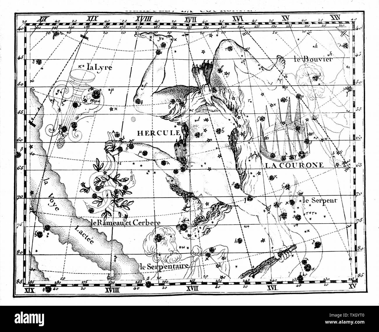 Constellation of Hercules (Heracles/Herakles): part of the Milky Way is shown on right of image. From JJ Fortin 'Atlas Coelestis of Flamsteed', Paris 1775. Copperplate engraving Stock Photo