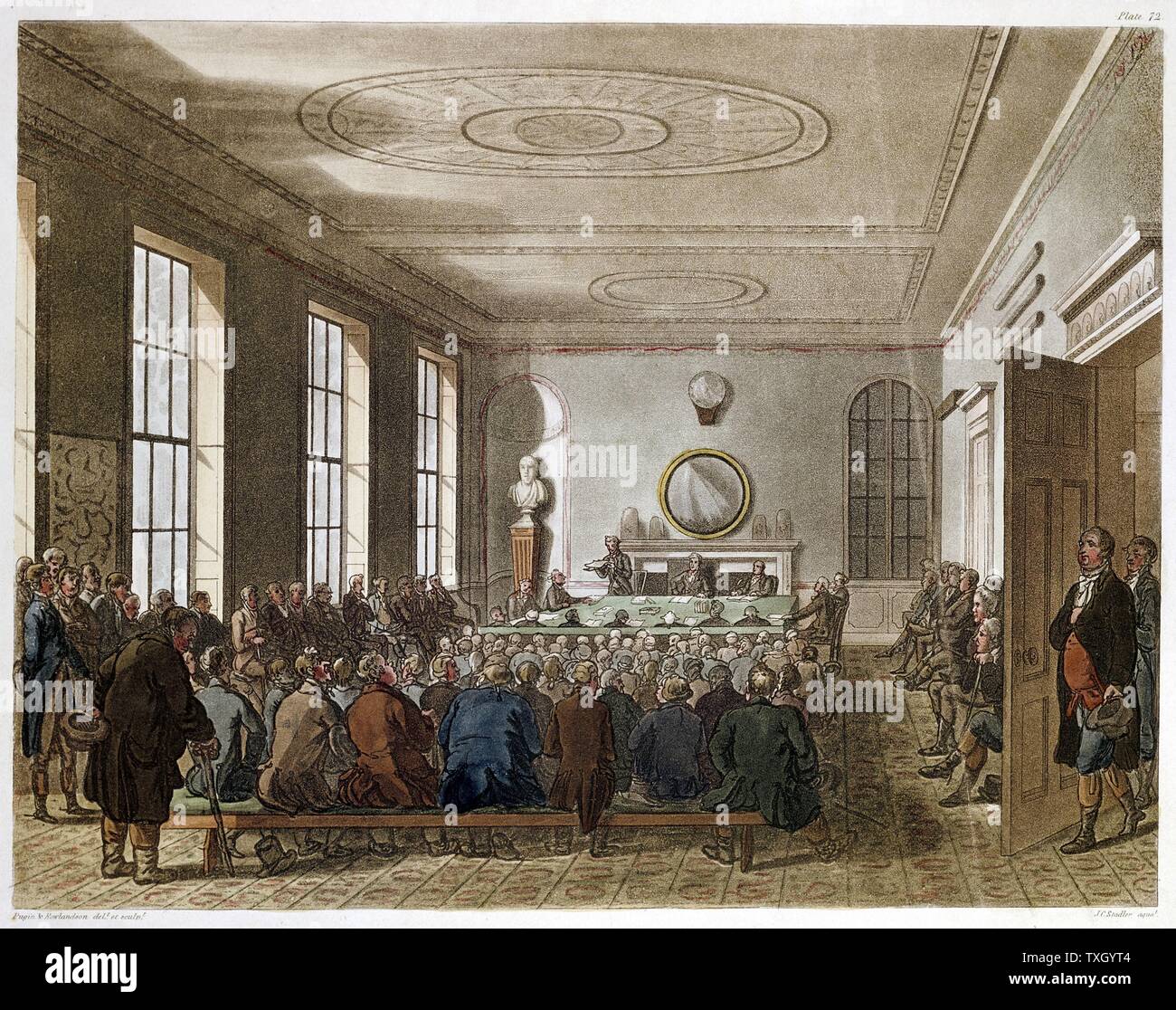 Meeting of the Agricultural Society, London. Illustration by Pugin and Rowlandson from 'Microcosm of London'  Ackermann, London 1808-10. Agricultural improvements in practice and machinery advanced greatly in late 18th and early 19th centuries helped by Societies such as this. Aquatint Stock Photo