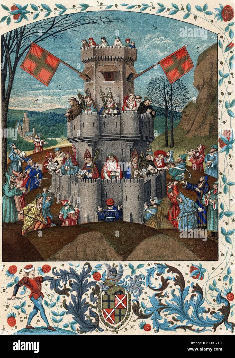 Fortress of Faith besieged by unbelievers and heretics, defended by the Pope, bishops monks, clerics and theologians. Chromolithograph after 15th century French manuscript Stock Photo