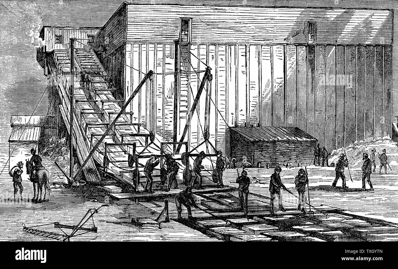 Steam-powered ice elevator for raising blocks of ice from the river level into insulated storehouses where they would be stored for summer use. Hudson River near New York.  From 'The Science Record' 1875. Engraving Stock Photo