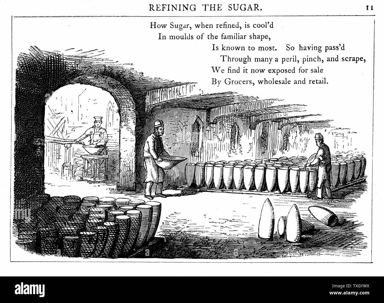 Interior of sugar refinery. Metal cones are being filled with liquid syrup which will crystallise to form sugar loaves. Wood engraving London  1860 Stock Photo