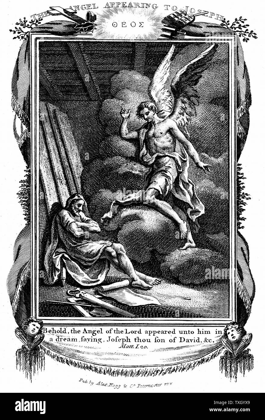 Joseph's dream. "Behold, the Angel of the Lord appeared unto him in a dream"  "Bible" Matthew I. Copperplate engraving 1804 Stock Photo