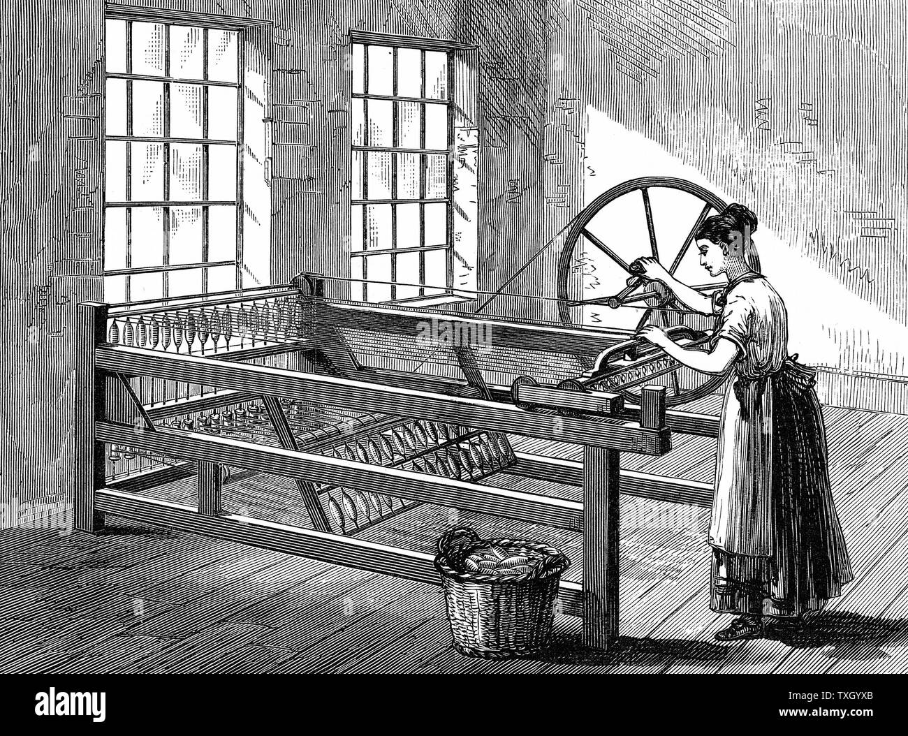 Woman using Spinning Jenny - Invented by James Hargreaves (c1720-78) in 1764. Wood engraving  c1880 Stock Photo