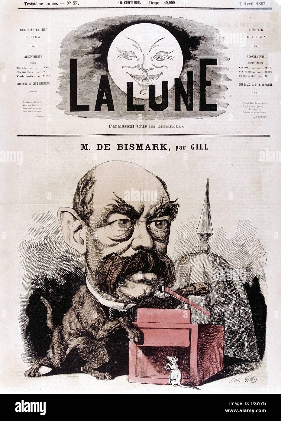 Otto von Bismarck (1815-1904) Prussian (German) statesman. Chancellor of new German empire 1866-90. Gill cartoon published in 'La Lune' Paris 1867 showing Bismarck as cat with mousetrap. Coloured engraving Stock Photo