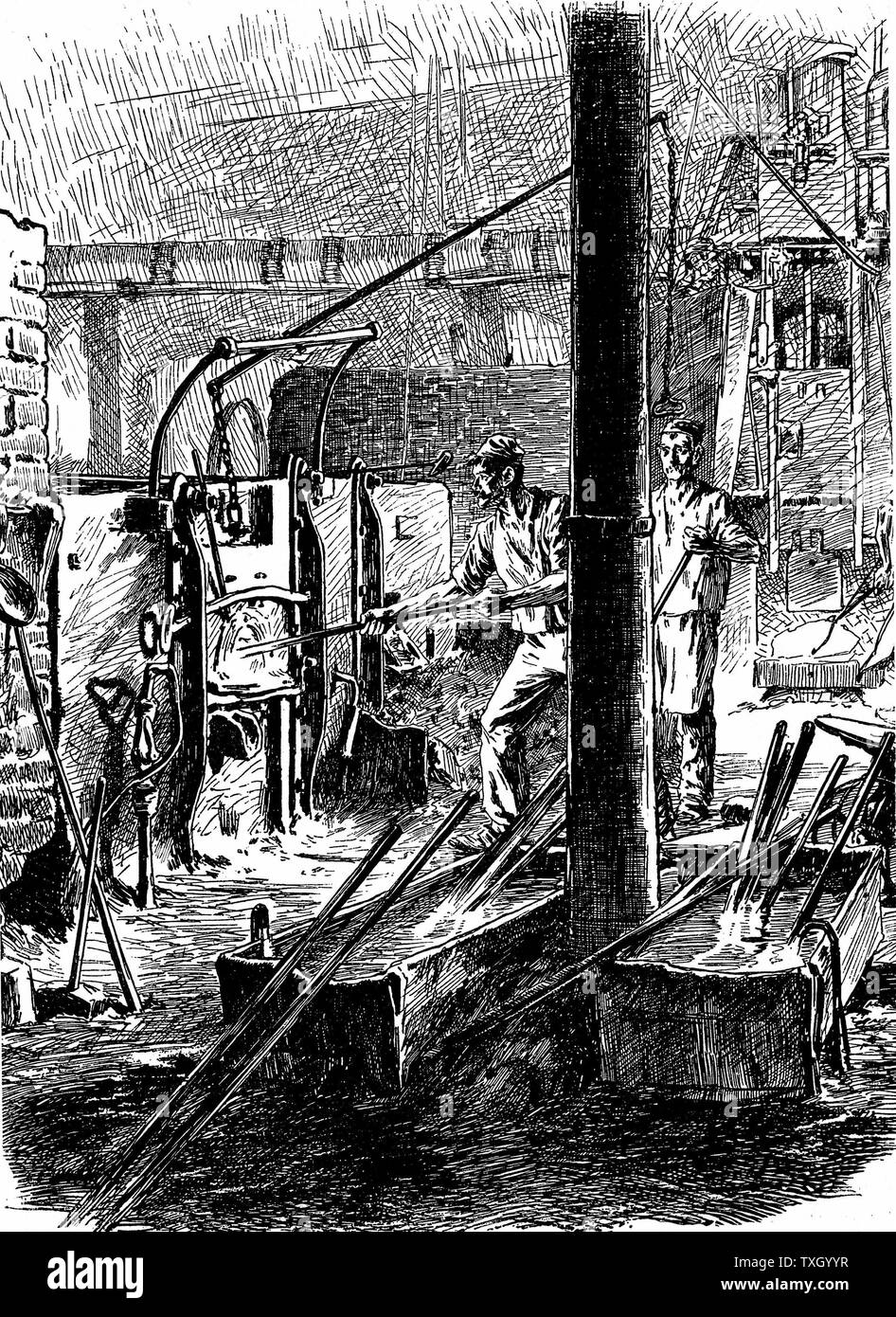 Puddling furnace and mechanical hammer (right background): Pig iron puddled to remove carbon and oxygen, ball of hot metal (bloom) then hammered. Process sometimes repeated. Purest form of iron with great strength produced. Krupps Works, Essen, Germany. Wood engraving Leipzig c1895 Stock Photo