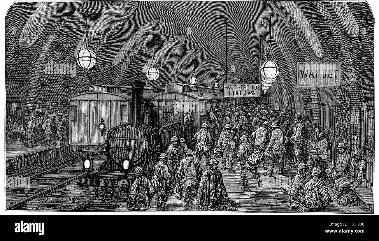 'The Workmen's Train'. From Gustave Dore and Blanchard Jerrold 'London: A Pilgrimage' London 1872. This picture shows steam trains at Gower Street station on the Metropolitan (underground) railway which opened in 1863. Workers hurry to catch their morning train. Wood engraving Stock Photo