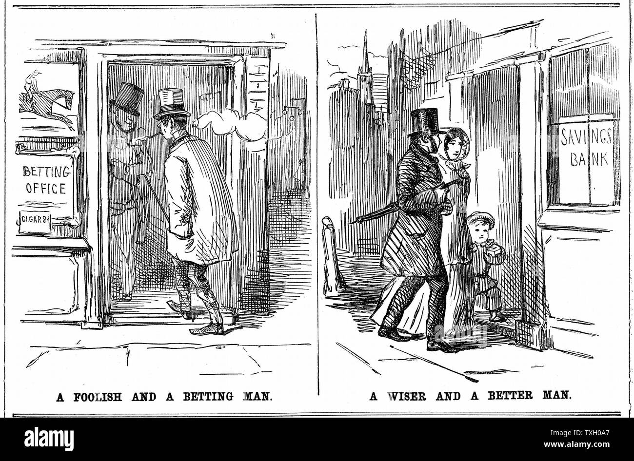 Savings Bank: 'A Foolish and a Betting Man' and 'A Wise and a Better Man' cartoon from 'Punch' London 1852 on the folly of profligacy of smoking and betting and the wisdom and prudence of saving. Stock Photo