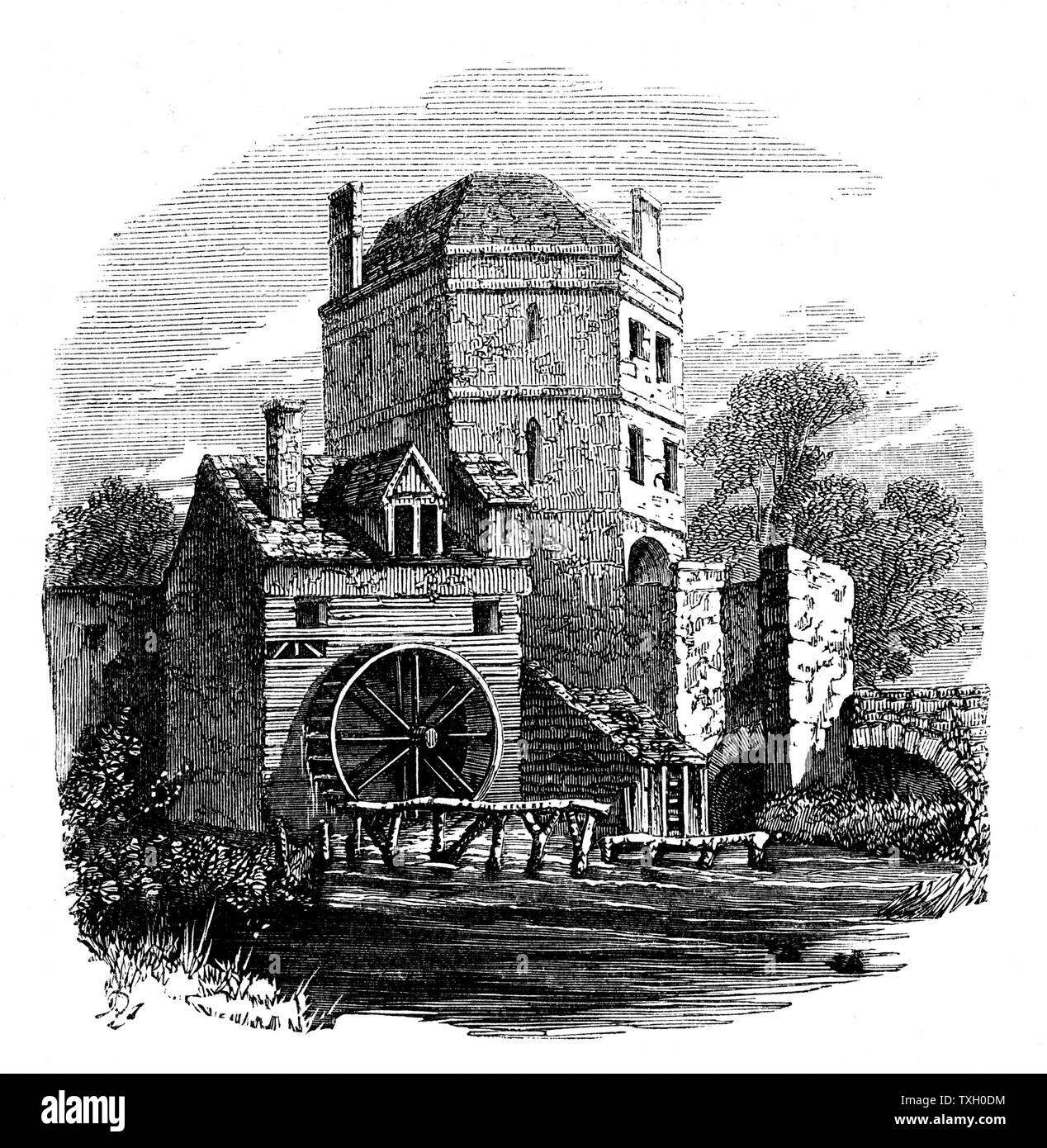 Roger Bacon (c1214-92) English experimental scientist, philosopher and Franciscan (Grey Friar);  called 'Doctor Mirabilis'. Tower of Franciscan friary, Oxford, where Bacon had his study. Wood engraving c1860 Stock Photo