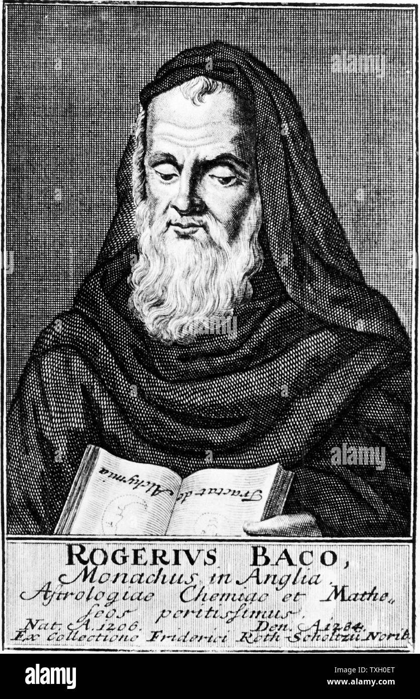 Roger Bacon (c1214-1292) English experimental scientist, philosopher and Franciscan (Grey Friar). Known as 'Doctor Mirabilis'. Copperplate engraving Stock Photo