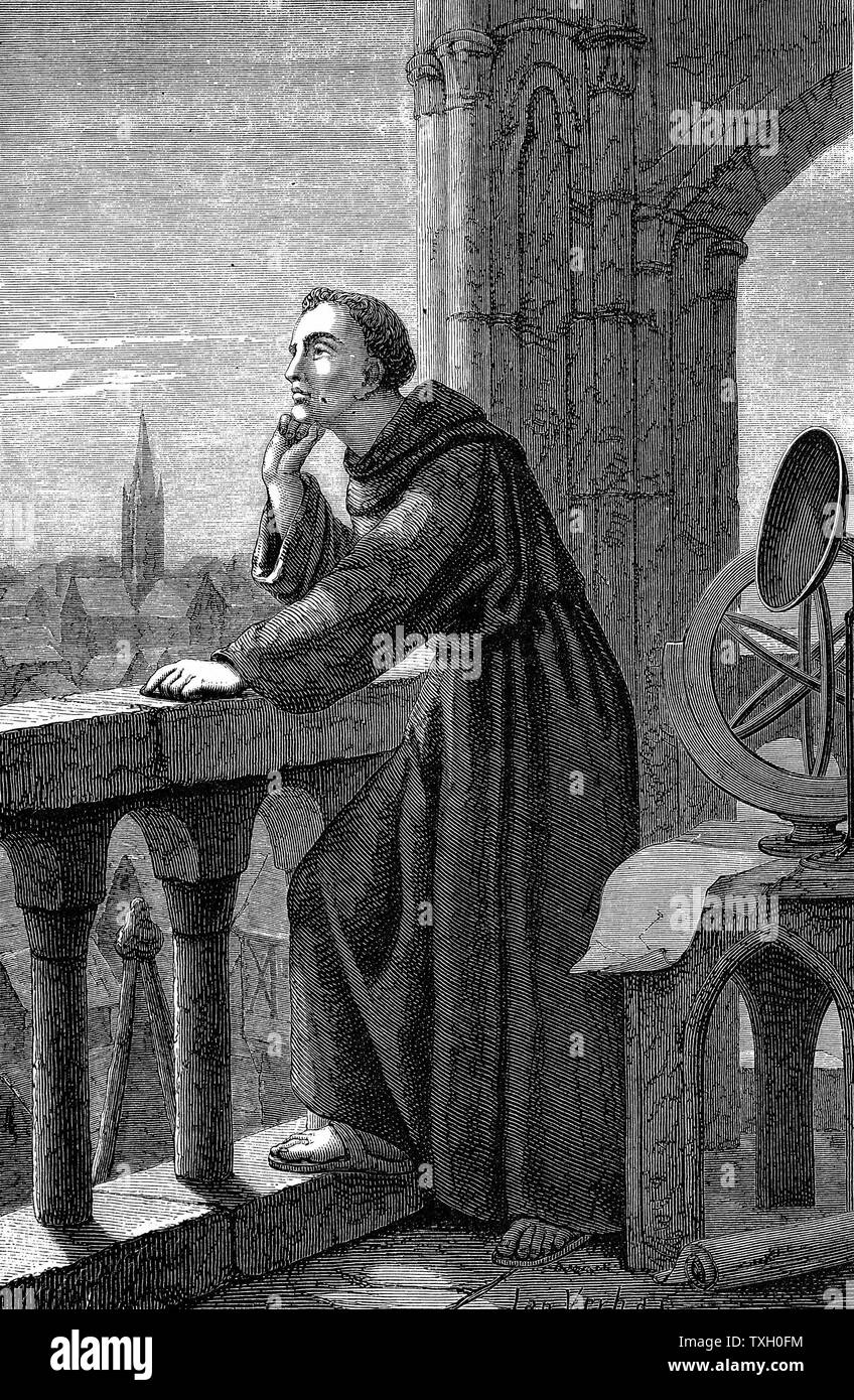 Roger Bacon (c1214-92) English experimental scientist, philosopher and Franciscan (Grey Friar); called 'Doctor Mirabilis'. Bacon in his observatory at the Franciscan monastery, Oxford, England. Artist's impression 1867. Engraving Stock Photo