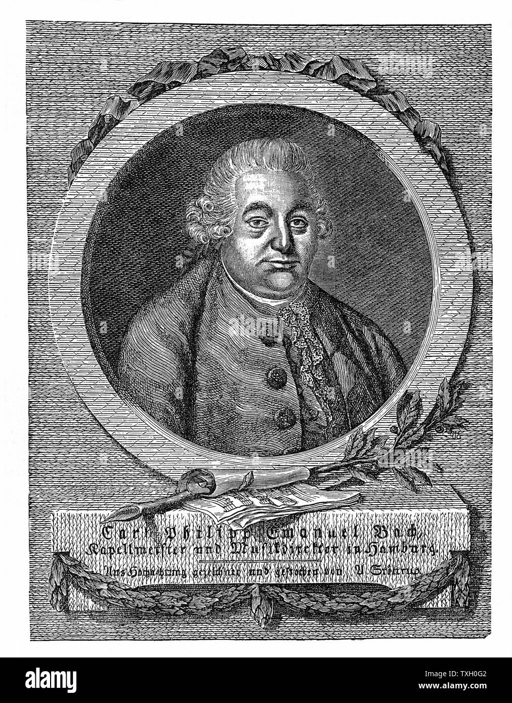 Carl Philipp Emanuel Bach (1714-88) second son of Johann Sebastian Bach; Kapellmeister at Hamburg from 1767. Introduced sonata form. Was left-handed.  Engraving Stock Photo
