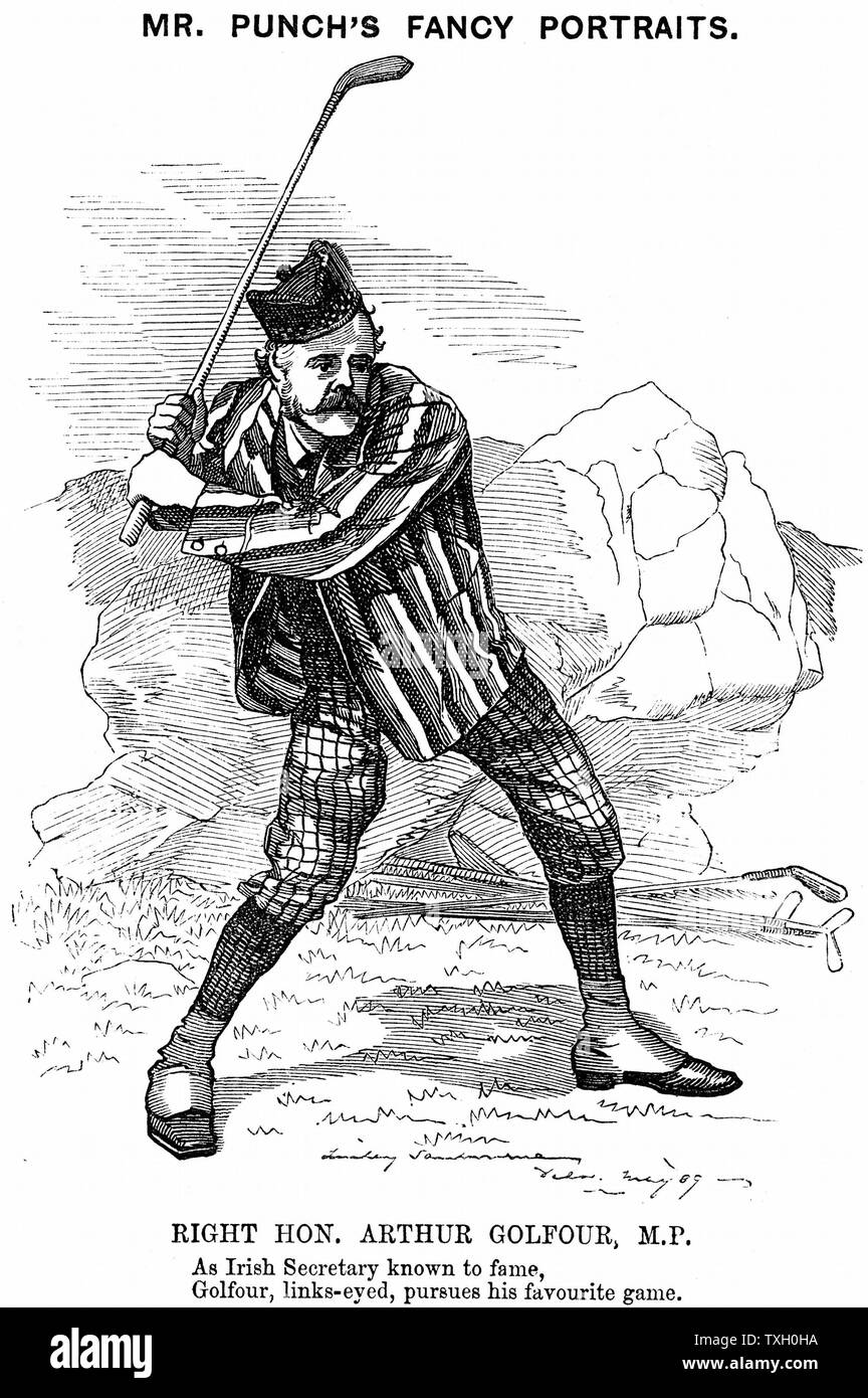 Arthur James Balfour, 1st Earl Balfour (1848-1930) Scottish-born British Conservative statesman and philosopher; Prime Minister 1902-5; Balfour Declaration 1917. A keen golfer, cartoon by Edward Linley Sambourne (1844-1910) from 'Punch' London 18 May 1889 when Chief Secretary for Ireland Stock Photo