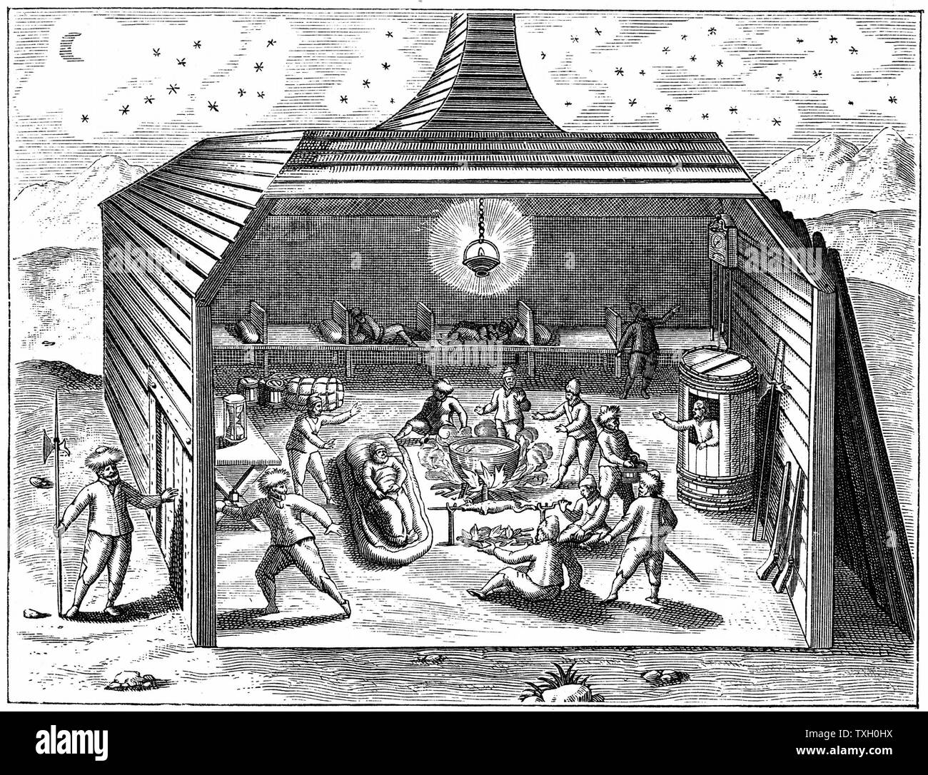 Willem Barents (d.1597) Dutch navigator who led expeditions in search of Northeast Passage. Interior of Barents' winter quarters off Novaya Zemlya; these quarters were discovered in 1871 just as they had been left by the doomed expedition. From an engraving by De Bry Stock Photo