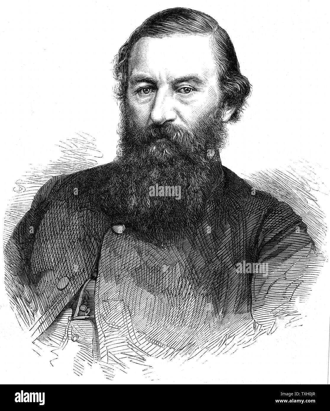 Samuel White Baker (1821-1893) English explorer and anti-slavery campaigner.  With John Hanning Speke, helped establish sources of Nile. In 1864 reached and named Lake Albert Yanza between Uganda and Zaire. Wood engraving London 1865 Stock Photo