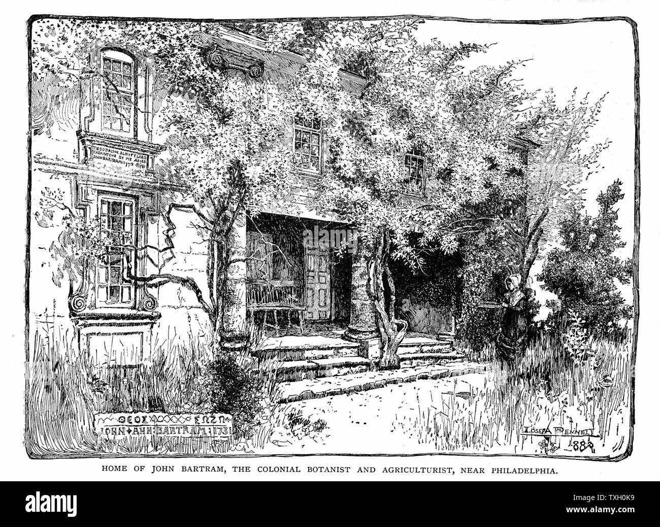 John Bartram (1699-1777) 'Father of American botany'; botanist agriculturist; original member of American Philosophical Society. Bartram's house near Philadelphia. Wood engraving, New York, 1884 Stock Photo