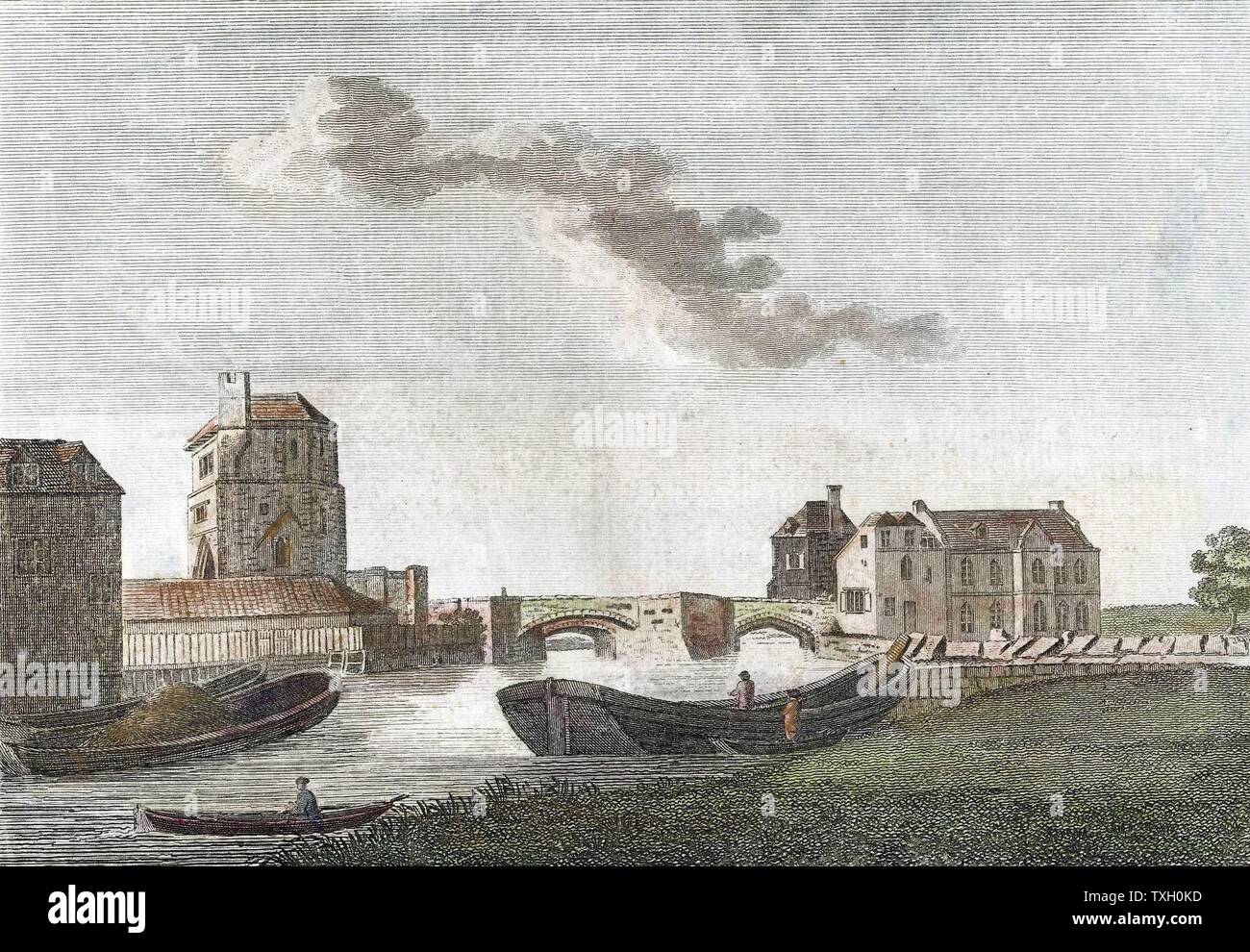 Roger Bacon (c1214-1292) English experimental scientist, philosopher and Franciscan (Grey Friar). Known as 'Doctor Mirabilis'. Tower of Franciscan friary, Oxford, left of bridge, where Bacon had his study. Hand-coloured copperplate engraving, 1788 Stock Photo