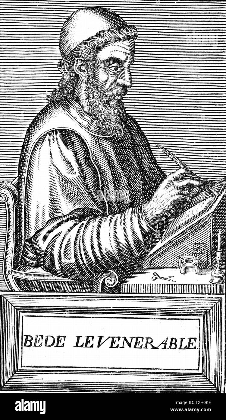 Venerable Bede (c.673-735) Anglo-Saxon theologian, scholar and historian; monk at Jarrow, Northumberland. Bede using writing slope, quill pen. Scissors, inkwell and candle at his side. Woodcut c1584 Stock Photo