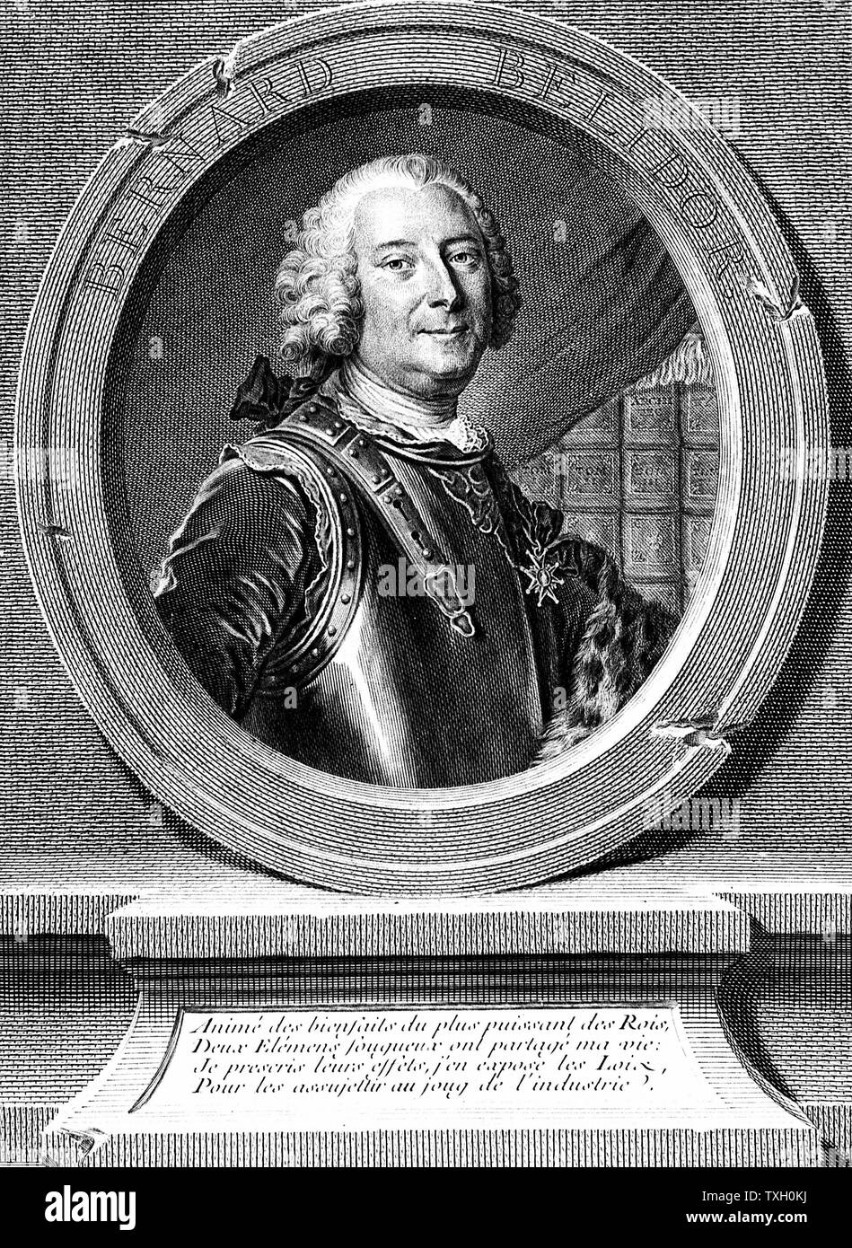 Bernard Forest Belidor (1693-c1761) French military and civil engineer. Portrait engraving frontispiece from his 'Architecture Hydraulique', Paris, 1737 Stock Photo