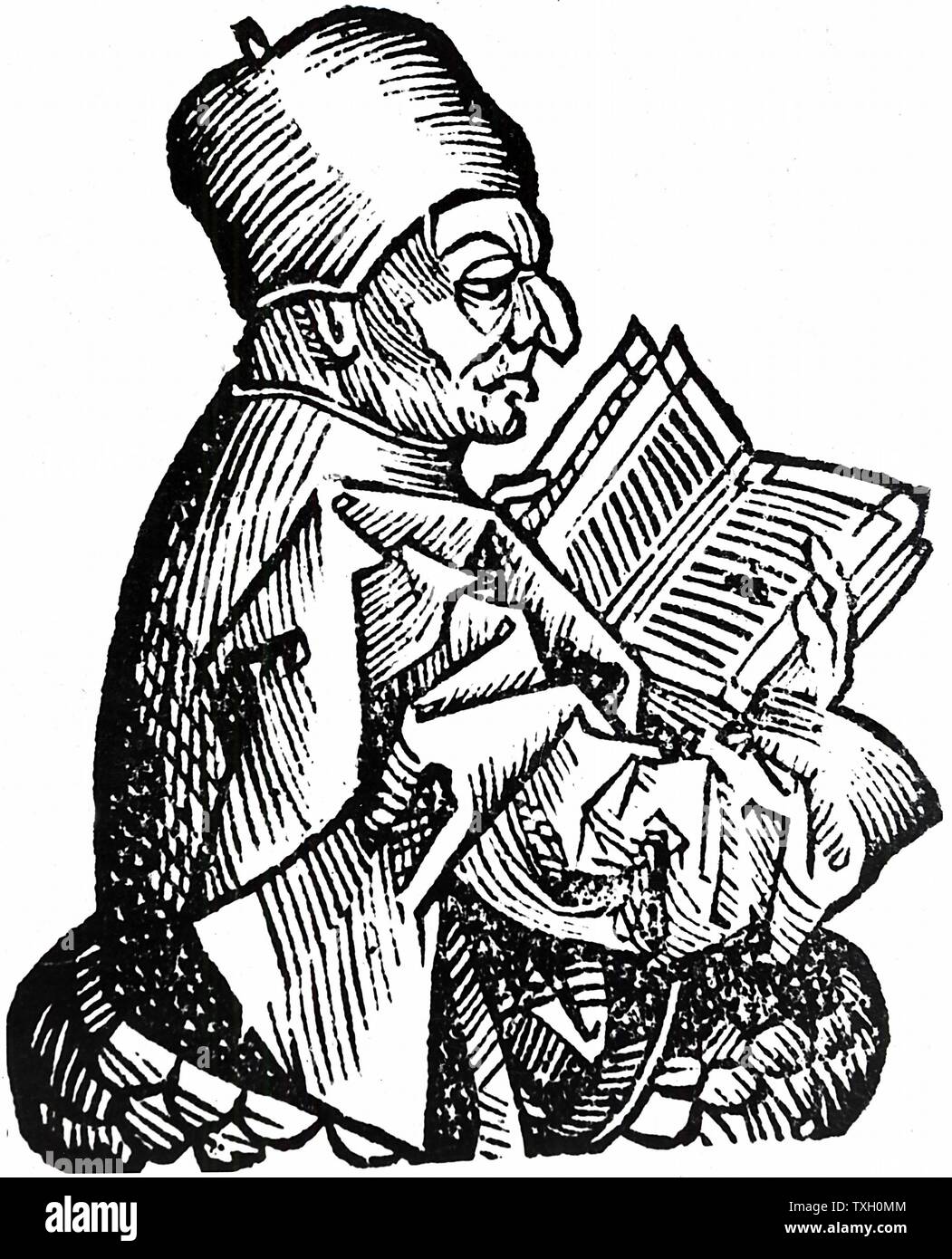Venerable Bede (c.673-735) Anglo-Saxon theologian, scholar and historian; monk at Jarrow, Northumberland, holding open a book. Woodcut from Hartmann Schedel 'Liber chronicarum mundi' (Nuremberg Chronicle) Nuremberg, 1493 Stock Photo